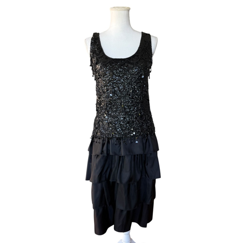 Tabby of California Vintage Sequin Beaded Top Tiered Ruffle Skirt Set Black‎ 12